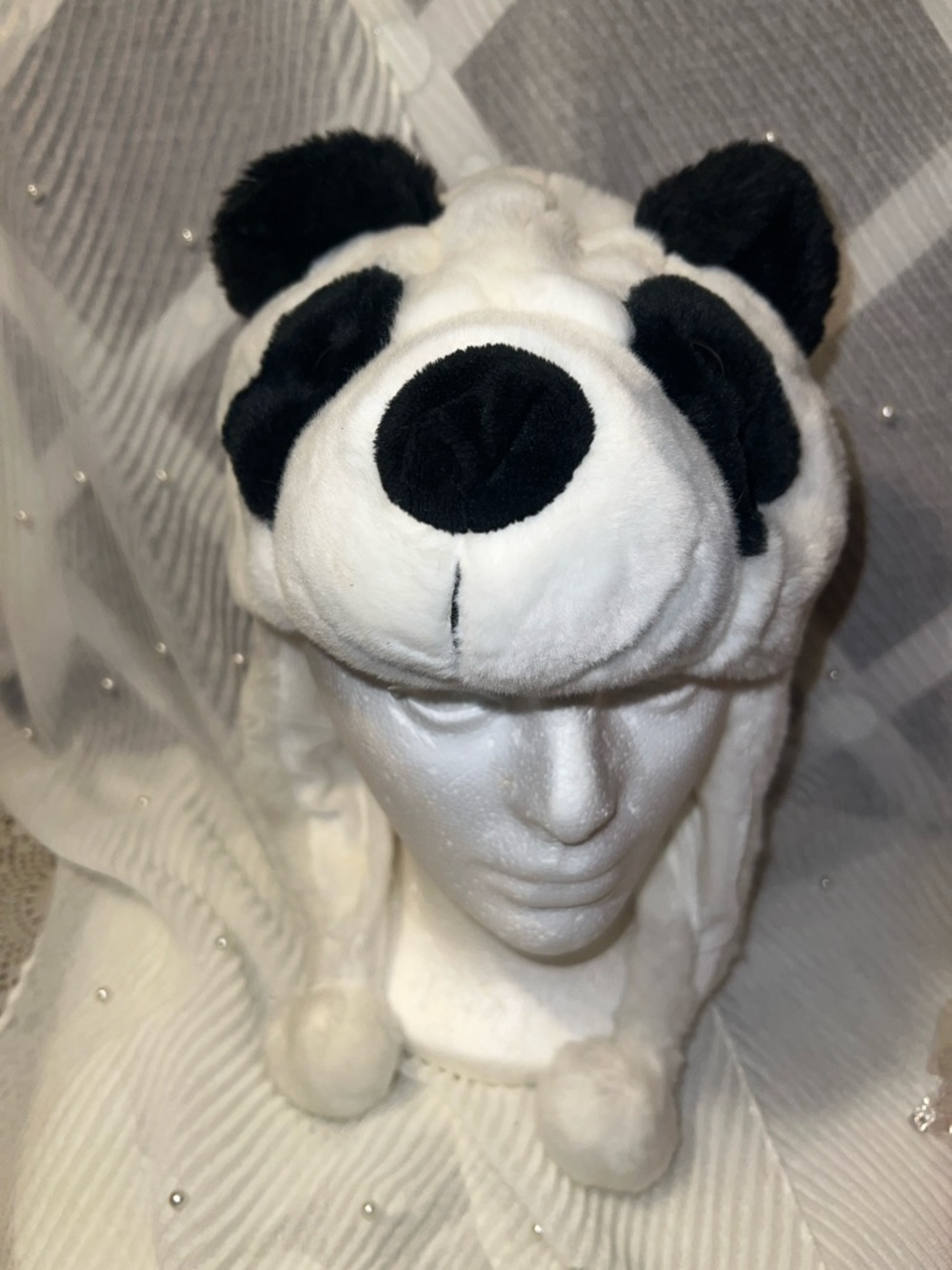 Panda Plush Hooded Hat - White and Black